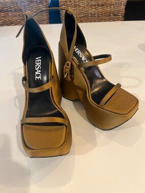 Versace Brown Satin Platform Wedge Heels With Medusa Buckle Strap Womens High Fa
